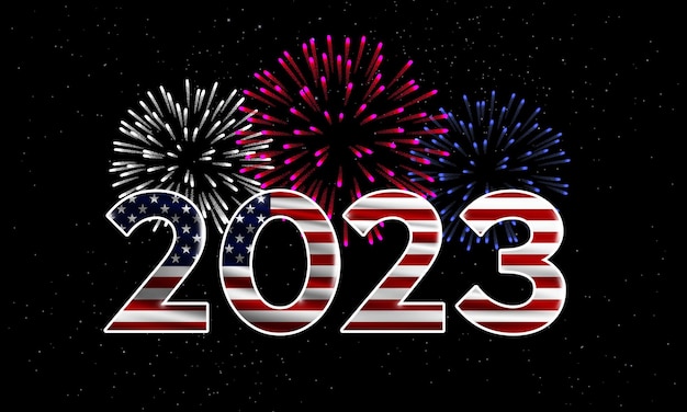 Felice anno nuovo 2023 usa 2023 capodanno sfondo con bandiera nazionale degli usa e fuochi d'artificio