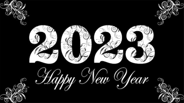 Felice anno nuovo 2023. testo bianco isolato su sfondo nero.