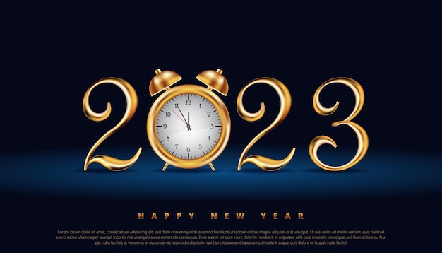 Felice anno nuovo 2023 con lettera d'oro 3d e un vettore orologio da tavolo realistico