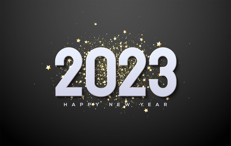 Vector happy new year 2023 with 3d numbers on luxury gold glitter