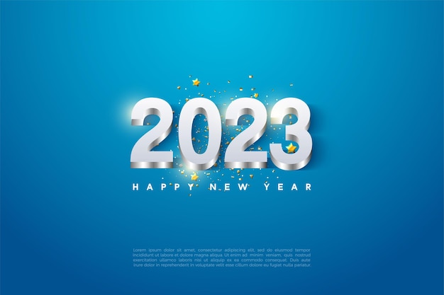 Felice anno nuovo 2023 con numeri 3d argento lucido.