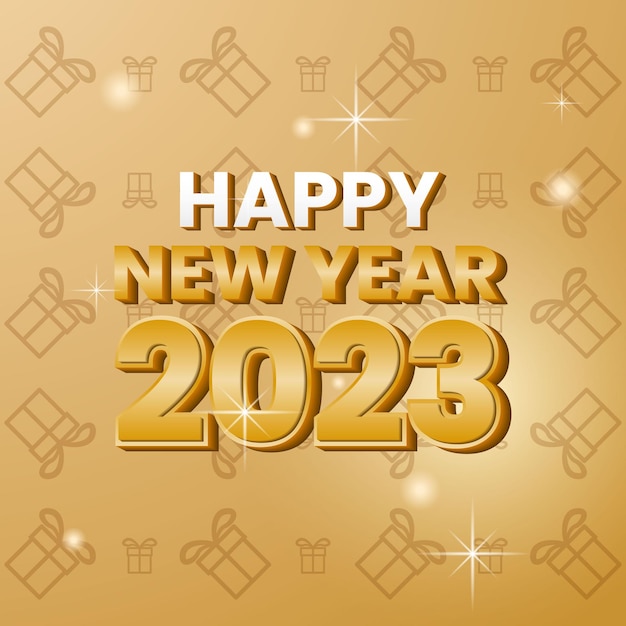 happy new year 2023 with  3d text effect, gold background and giftbox pattern. simple and elegant