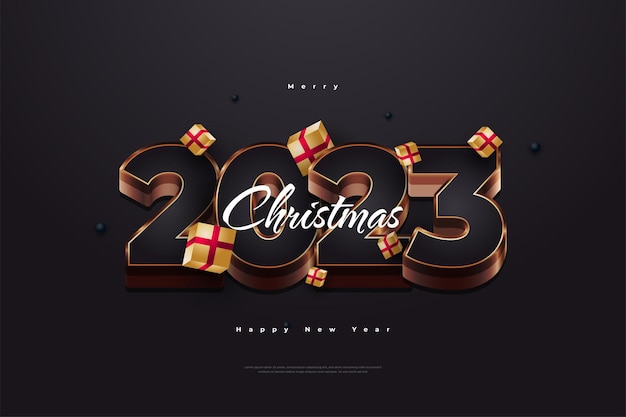 Felice anno nuovo 2023 con numeri 3d neri e oro e confezione regalo isolati su sfondo nero design per il nuovo anno per banner poster e biglietto di auguri