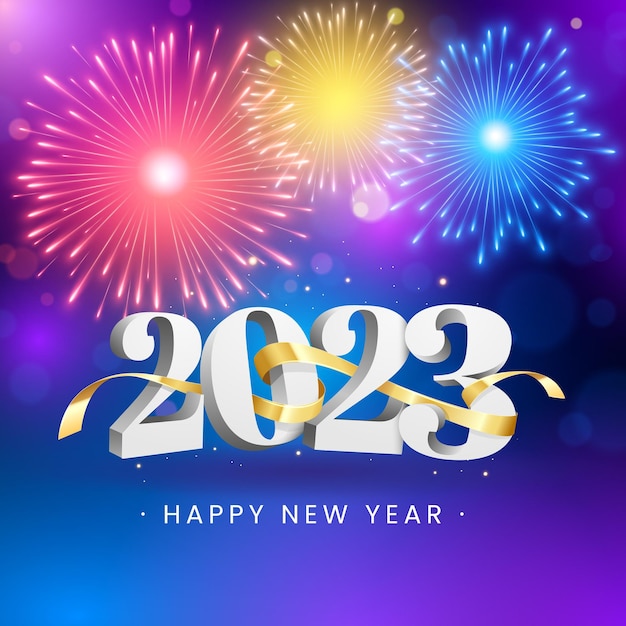 Happy new year 2023 with bright colorful fireworks vector illustration