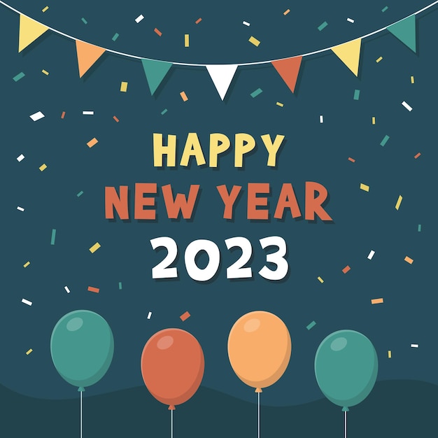 Vector happy new year 2023 with cute balloons and pennant triangle flags festival