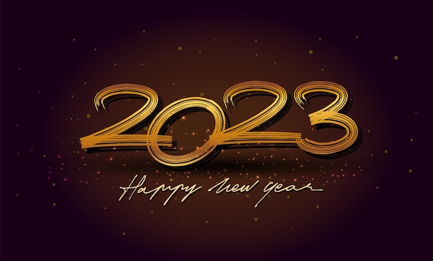 Felice anno nuovo 2023 con glitter isolato su sfondo elegante testo design elementi vettoriali color oro per calendario e biglietto di auguri