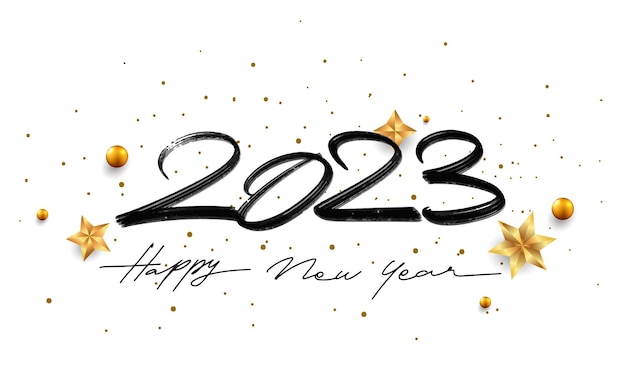 Vector happy new year 2023 with glitter isolated on white background hand written lettering text design gold colored vector elements for calendar and greeting card new year 2023