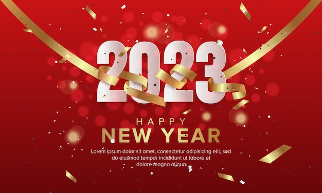 Happy new year 2023 with glitter and ribbon on red background