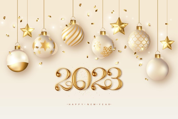 Vettore felice anno nuovo 2023 con coriandoli dorati e decorazioni.