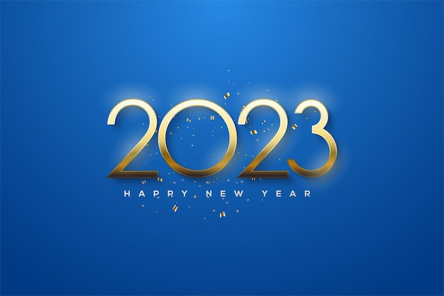 Happy new year 2023 with golden numbers on blue background