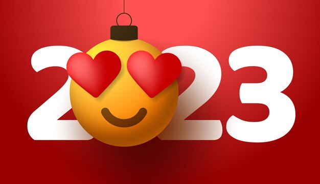 Happy new year 2023 with heart smile emotion Vector illustration in flat style with number 2023 and love heart emotion in christmas ball hang on thread