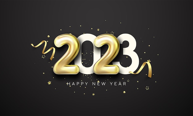 Happy new year 2023 with paper numbers and gold balloons