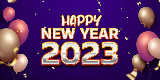 2023년 새해 복 많이 받으세요 2023년 수평 짙은 파란색 배경에 현실적인 금색 3d 풍선 색종이 조각이 있습니다.
