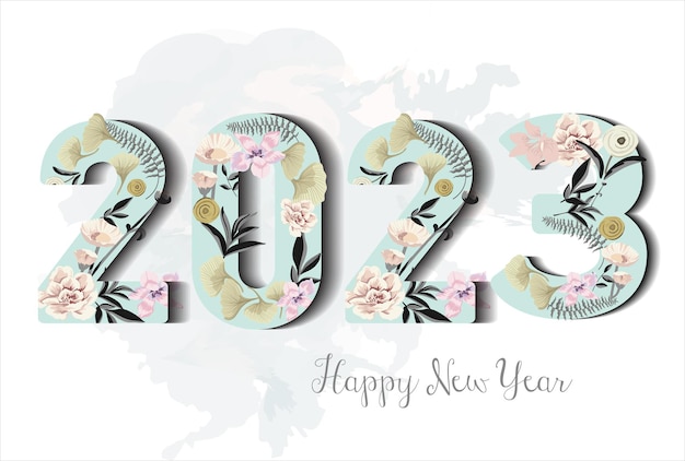 Happy New Year 2023 with watercolor flowers and leaves background