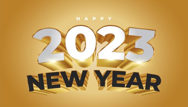 Happy New Year 2023 with White Black and Gold 3D Numbers New Year Design for Banner Poster and Greeting Card