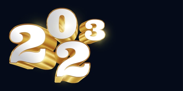 Vector happy new year 2023 with white and gold 3d numbers isolated on black background new year design for banner poster and greeting card