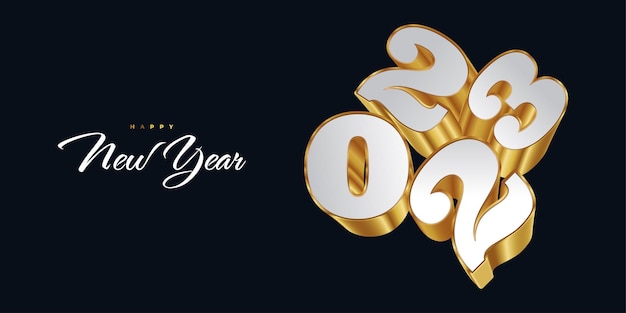 Vector happy new year 2023 with white and gold 3d numbers new year design for banner poster and greeting card