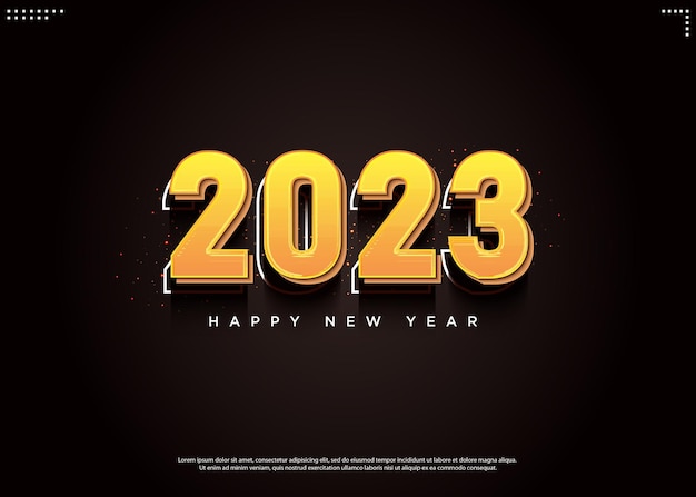 Happy new year 2023 with yellow numbers and white stripes.