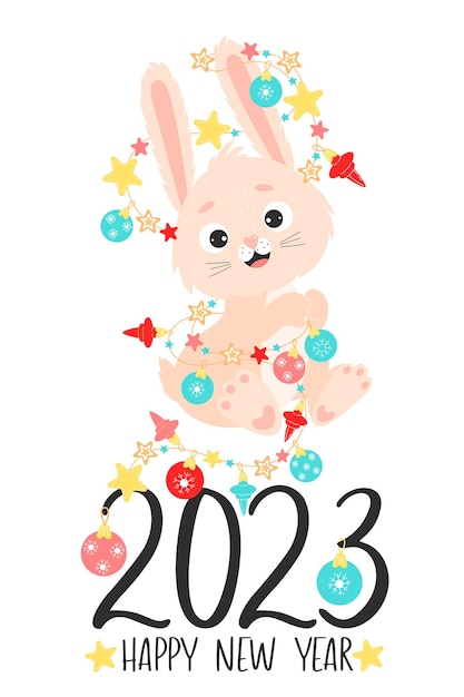 Vector happy new year 2023 year of rabbit cute bunny with garland and christmas balls