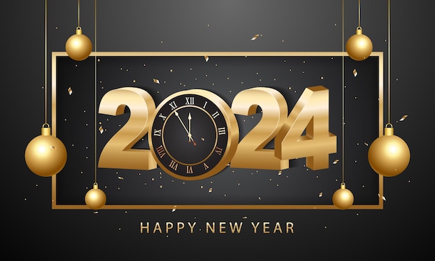 Felice anno nuovo 2024 numeri in oro 3d con decorazioni natalizie dorate e coriandoli su sfondo scuro design del biglietto di auguri per le vacanze