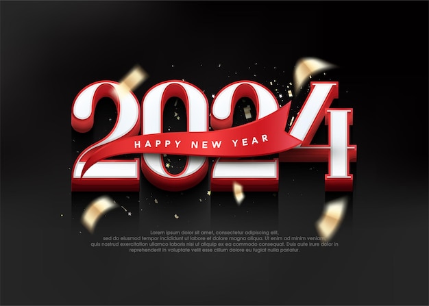 新年あけましておめでとうございます 2024 3 d 数字と派手な赤いリボンで 3 d の新年の挨拶