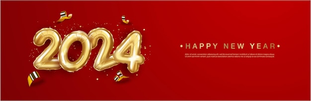 Вектор Счастливого нового года 2024 года на фоне воздушных шаров номер 2024 года с конфетами и лентами на красном фоне