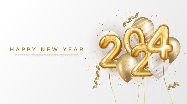 Vector happy new year 2024 background realistic gold balloon numbers of 2024