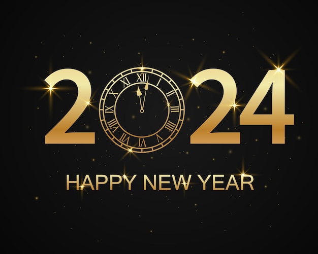 Happy new year 2024 background with clock greeting card dark background grand celebration