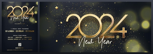 Vector happy new year 2024 background with fancy gold numbers with a spread of fancy gold glittering premium vector for invitation posters