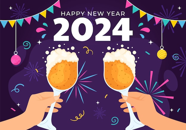 Happy New Year 2024 Celebration Vector Illustration in Holiday National Flat Cartoon Background