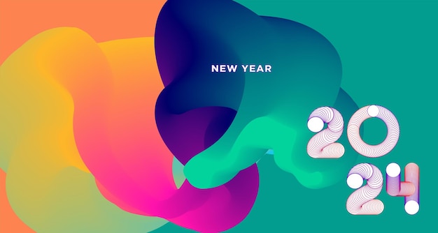 새해 복 많이 받으세요 2024 소셜 미디어 벡터 추상 유체 배경 디자인을 위한 다채로운 인사말 카드 배너