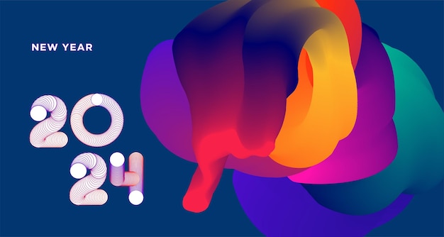 Felice anno nuovo 2024 banner colorato per biglietti d'auguri per il disegno di sfondo fluido astratto vettoriale dei social media