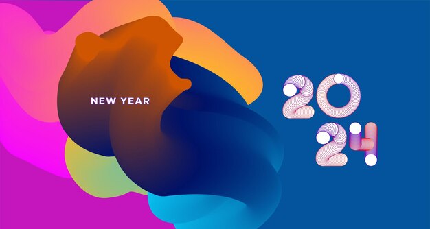 新年あけましておめでとうございます 2024 ソーシャル メディアのベクトルの抽象的な流体背景デザインのカラフルなグリーティング カード バナー