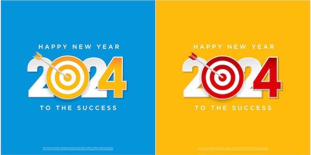 Vettore buon anno 2024 concetto cartolina di auguri e bersaglio rotondo con freccia nuovi obiettivi sullo sfondo