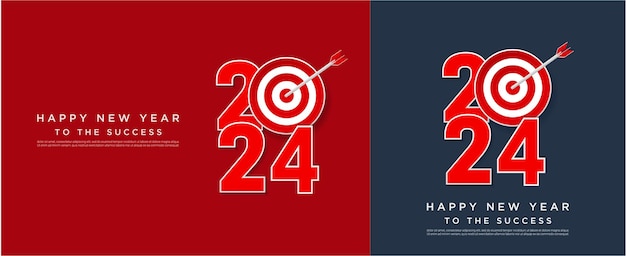 Vector happy new year 2024 concept greeting card and round target with arrow new goals set background