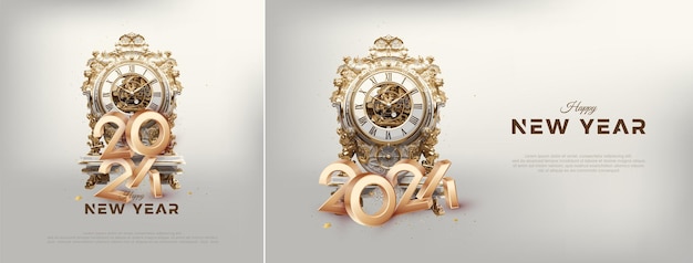 Vettore happy new year 2024 cover design poster con l'illustrazione di orologi 3d stile fantasy realistico con colori forti design vettoriale premium per celebrazioni e inviti