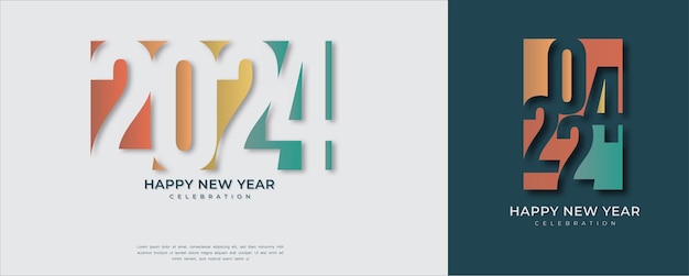 新年あけましておめでとうございます 2024 デザイン カラフルな切り捨てられた数字のイラスト付き プレミアムベクターデザイン