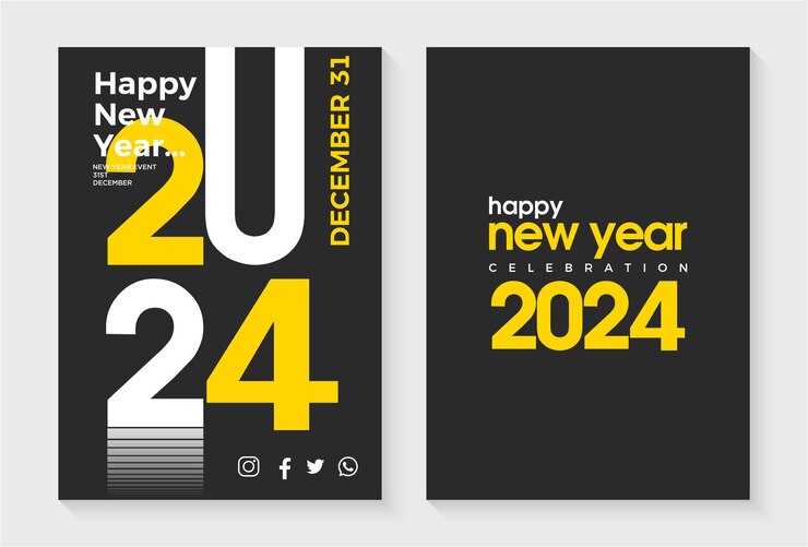 happy new year 2024 design with cut out number illustrations and in a simple color style Premium vector design for flyers banners and posters