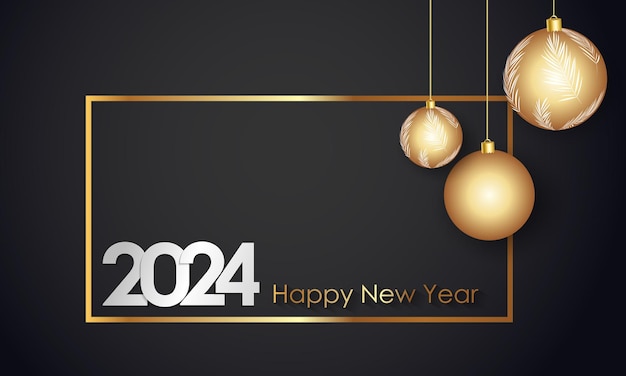 Happy New Year 2024 Elegant gold text with balloons and confetti Realistic vector illustration