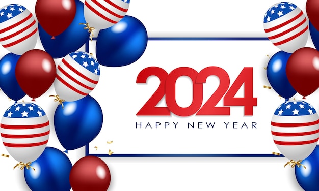 Happy New Year 2024 Elegant gold text with balloons and confetti Realistic