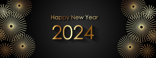 Happy New Year 2024 Elegant gold text with balloons and confetti Realistic