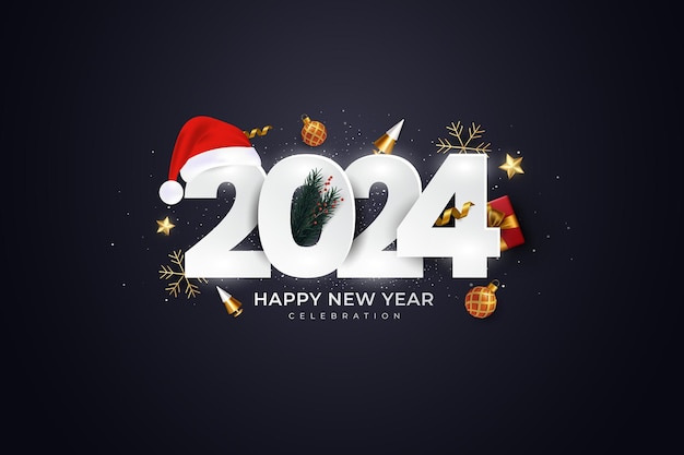 Happy New Year 2024 festive realistic decoration Celebrate 2024 party on a dark background Vector