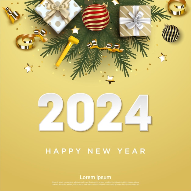 ベクトル 新年あけましておめでとうございます 2024年の背景のパーティーを祝うフェスティバルな現実的な装飾