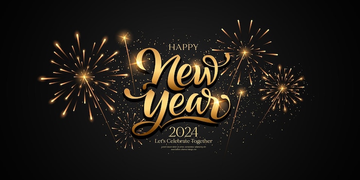 Vector happy new year 2024 fireworks gold and black design banner on black background eps10 vector