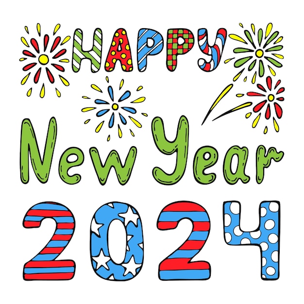 Happy New Year 2024 flat card Hand drawn line art illustration