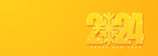 Vector happy new year 2024 in the form of realistic 3d stylized numbers accompanied by yellow snowflakes