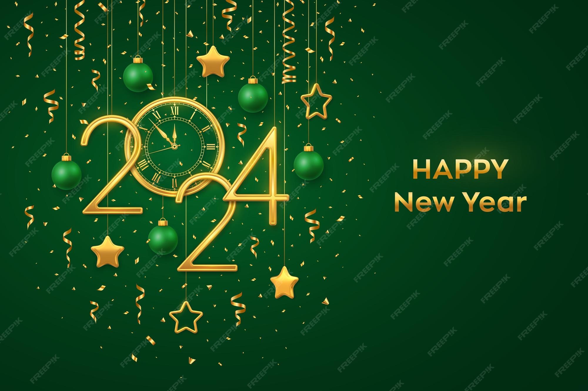 Premium Vector Happy New Year 2024 Gold numbers 2024 watch with