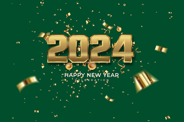 Happy New Year 2024 Golden 3D numbers with gold confetti