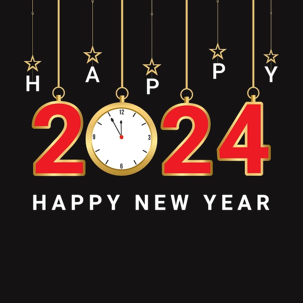 Happy new year 2024 Golden Clock number vector Concept new year Banner Poster Celebration template