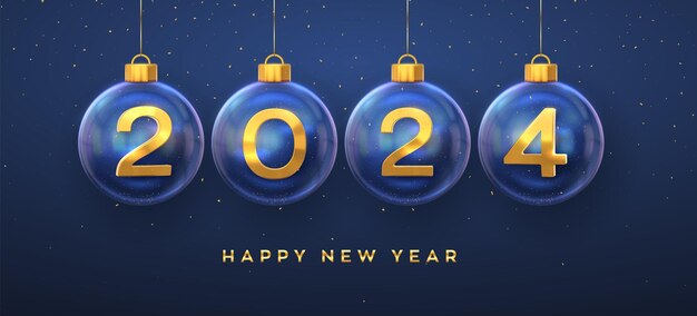 新年あけましておめでとうございます 2024 ガラス安物の宝石の黄金の金属 3 D 番号 2024 クリスマス ボールとキラキラ紙吹雪をぶら下げグリーティング カード ホリデー クリスマスと新年のポスター バナー チラシ ベクトル イラスト